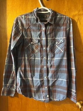 Men’s Roots Plaid Button-Down Shirt in Blue and Brown Small